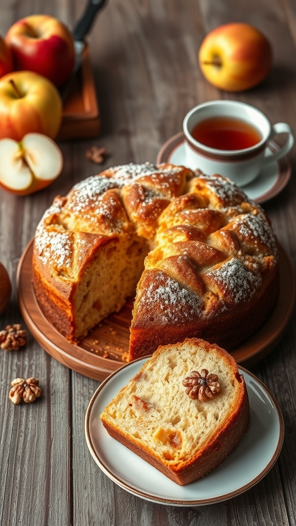 A vegan apple cake with apples and walnuts, dusted with powdered sugar, on a wooden table with a slice on a plate.